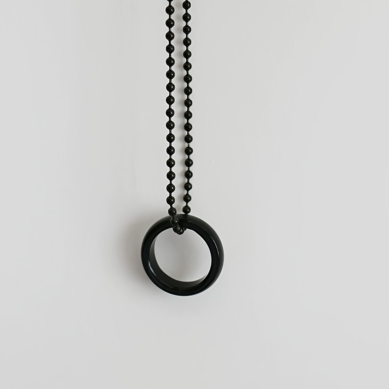 Natural Black Agate Round Ring Pendant Necklace, Unisex